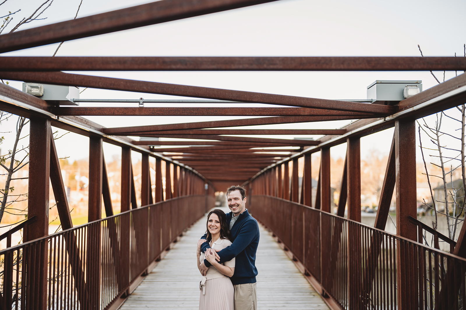 A couple on the Pedestrian Bridge in Downtown Galt, Cambridge